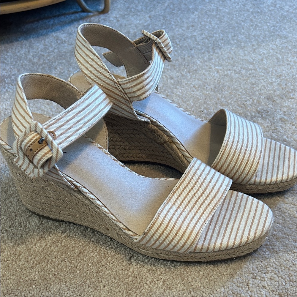Life Stride Beige and White Striped Espadrille Wedge Sandals